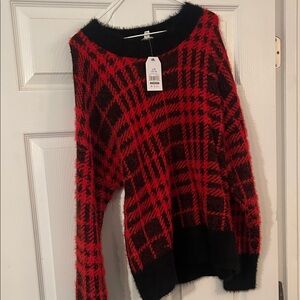 Time and Tru Fuzzy Red and Black Plaid Sweater